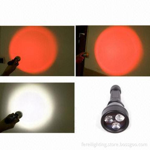 Scuba dive flashlight with white and red beam, even beam for underwater photographing